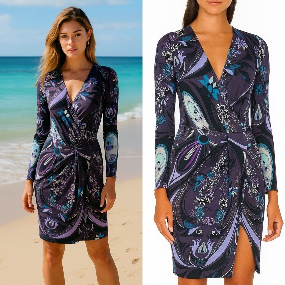 EMILIO PUCCI Purple Floral Print Long Sleeve V-Neck Wrap Mini Dress Size…